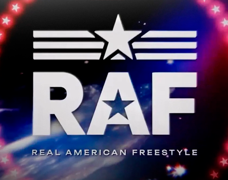 Логотип с надписью RAF и подзаголовком Real American Freestyle. Дизайн включает звезду и линии, напоминающие авиационные эмблемы, на фоне космического или абстрактного стильного изображения